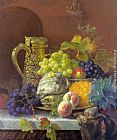 Famous Fruits Paintings - Fruits on a tray with a silver flagon on a marble ledge